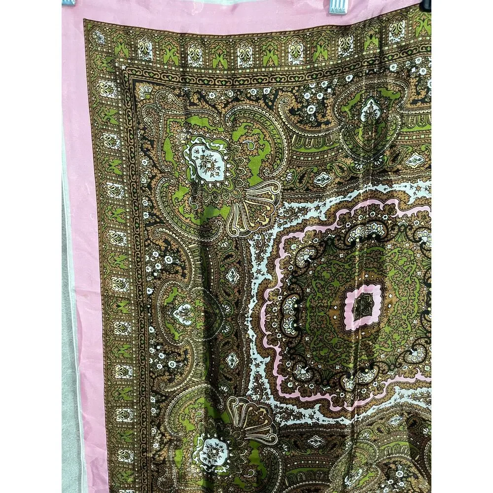 VTG Paisley Scarf Pink Green Boho Cottage Core Poly Satin 26